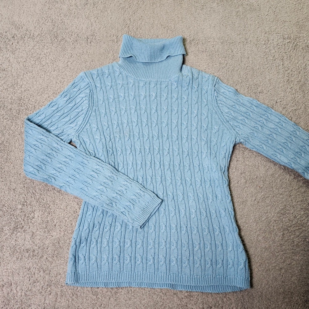 Jones Wear Womens S Turtleneck Sweater Light Blue Cable Knit Ramie Cotton VTG
